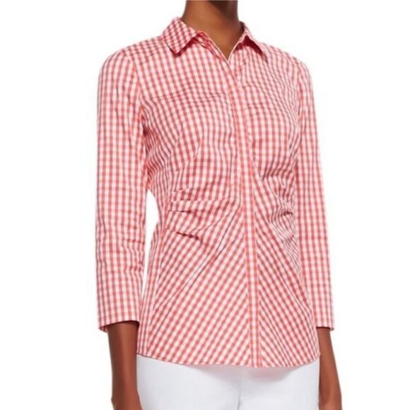 Lafayette 148 NY Petite Red White Gingham Stretch Button-Up Shirt Size 4 - Picture 1 of 8